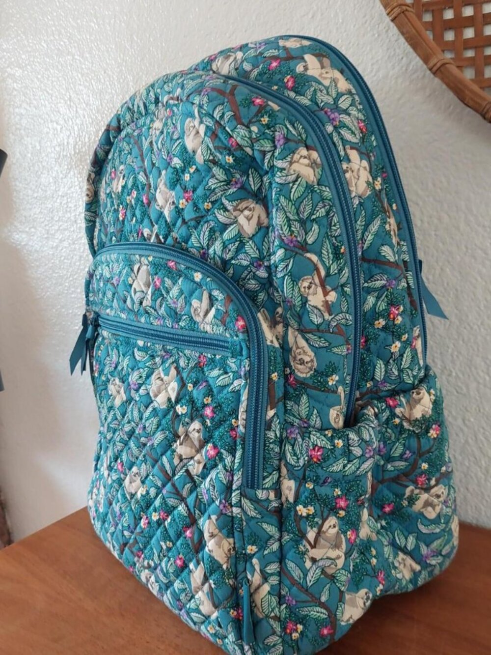 vera bradley Sloth backpack with sloths and flowers on a teal background #sloth - Picture 4 of 6